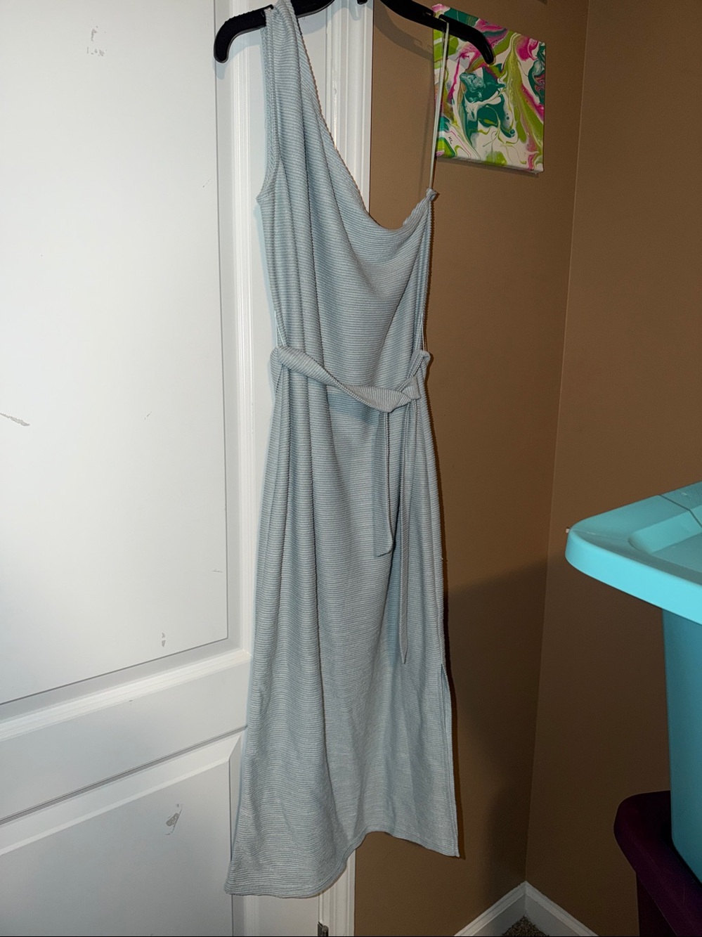 One-shoulder dress by Sugar + Lips (soft ribbed pale blue) - L (EUC)
